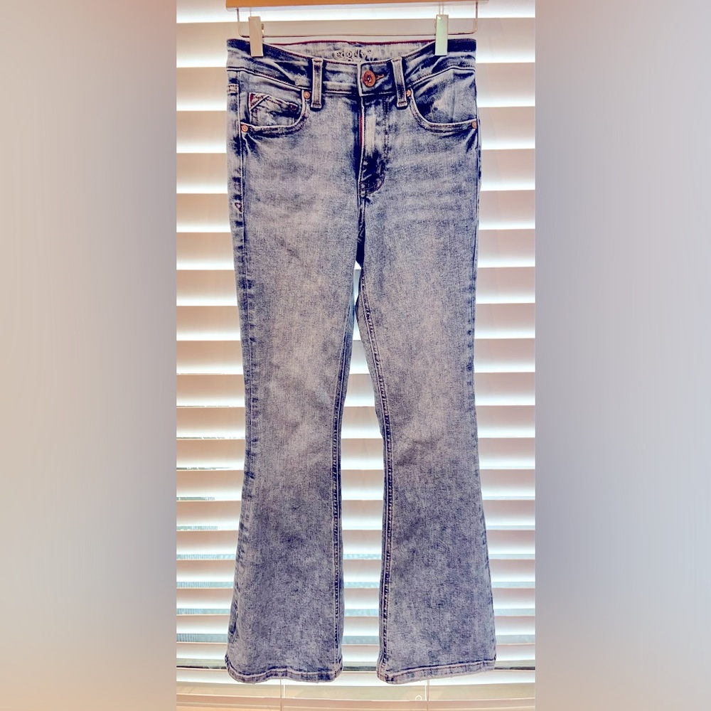 Edgely / Maurices High Rise Flare Jeans Women Sz 0 Short Blue Light Wash Stretch